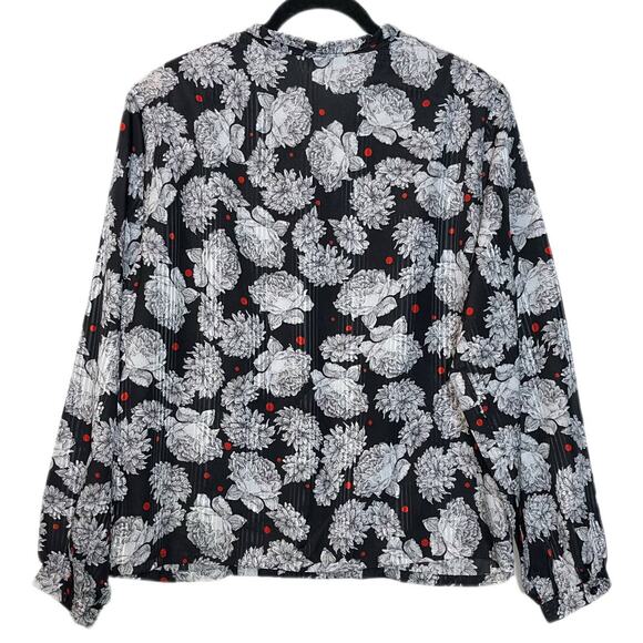 VINTAGE Alice Stuart Black Floral Pleated Mock Collar Button up blouse 14/LG - Picture 2 of 14